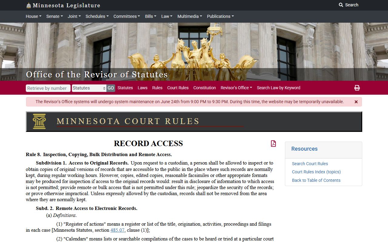 Benton County court records Minnesota Rule of Public Access 8