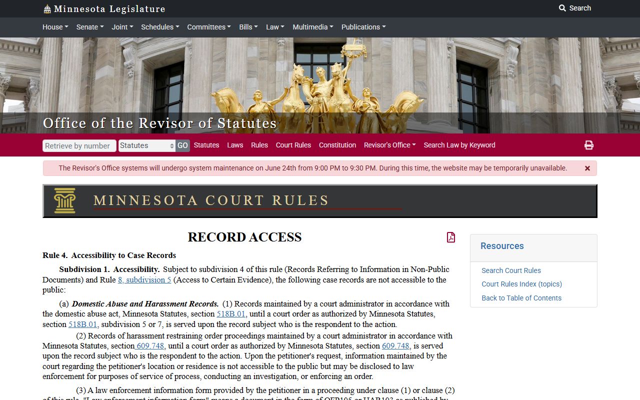 Benton County court records Minnesota Rule of Public Access 4