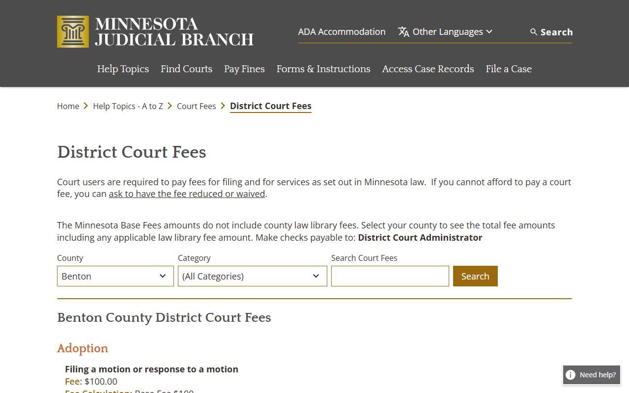 Benton County court records District Court fee schedule