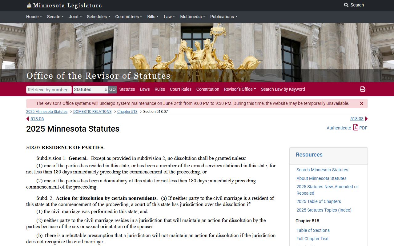 Benton County divorce records Minnesota divorce residency statute