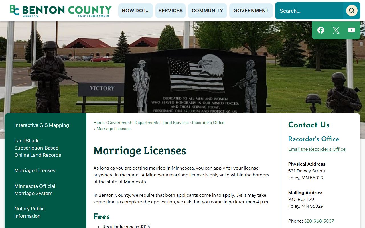 Benton County marriage records marriage license fee page
